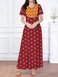 SHEIN Najma 女士花卉扇形植物印花撞色V领短袖优雅连衣裙，春夏款，图案女装，女士端庄长裙，70年代风格连衣裙，Najma连衣裙 - 彩色 - 查看 4
