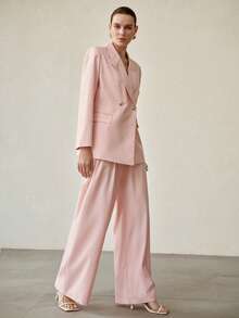 MOTF PREMIUM 2PCS WOMEN'S FASHIONABLE WAIST CINCHED BLAZER AND WIDE LEG SUIT PANTS, PINK - Pink - View 5