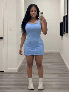 Slaydiva 新款春季、春夏音乐节、情人节、复活节休闲、简约基础风、Y2K街头甜美风、性感、邮轮度假、日常约会、辣妹风、性感派对、U领无袖、修身、黑色耳饰、迷你裙、天蓝色半身裙、女士迷你连衣裙 -A - 薄荷藍 - 查看 7