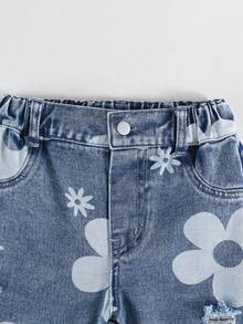 Genkimix Kids 女童休闲牛仔裤，春秋/秋冬款，浅蓝色牛仔布，花卉印花，做旧破洞设计，宽松直筒裤型，面料柔软舒适，适合上学、通勤、日常穿着。 - 淺色水洗藍 - 查看 7