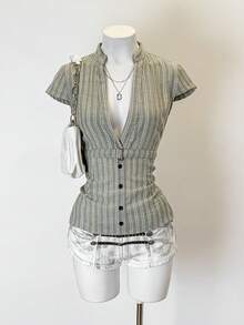 SHEIN Jeanoir Women's Fashion Casual Striped Print Button-Down Short Sleeve Shirt - Multicolor - View 1