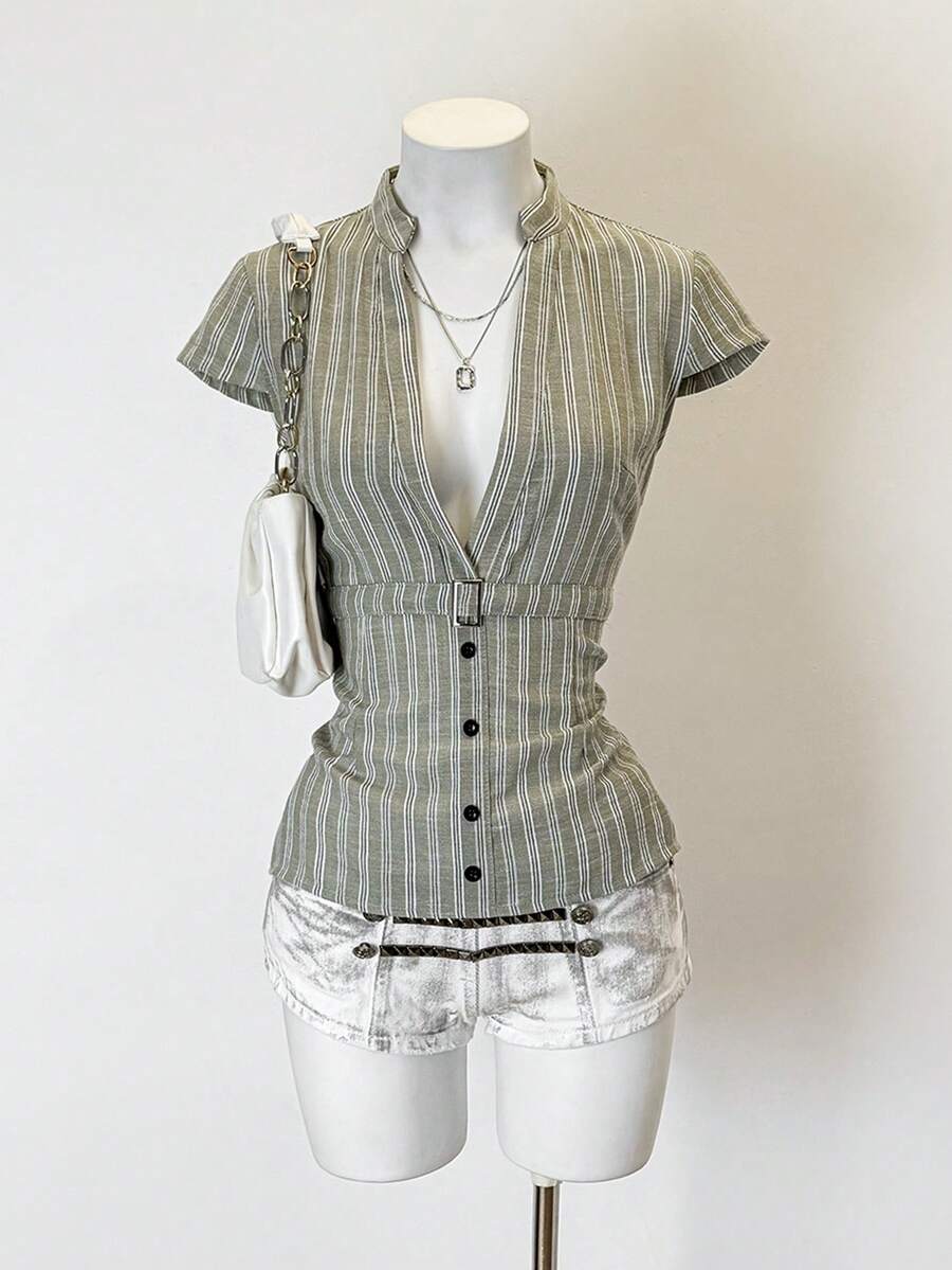 SHEIN Jeanoir Women's Fashion Casual Striped Print Button-Down Short Sleeve Shirt - Multicolor - View 1