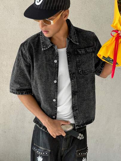 STEELVANCE Camisa vaquera casual de manga corta y un solo pecho con bolsillo para hombres en verano