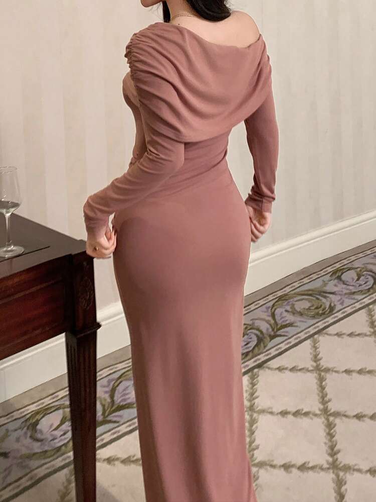 Elegant Solid Color Pleated Wrap Asymmetric Hem Knit Dress For Women, Loungewear