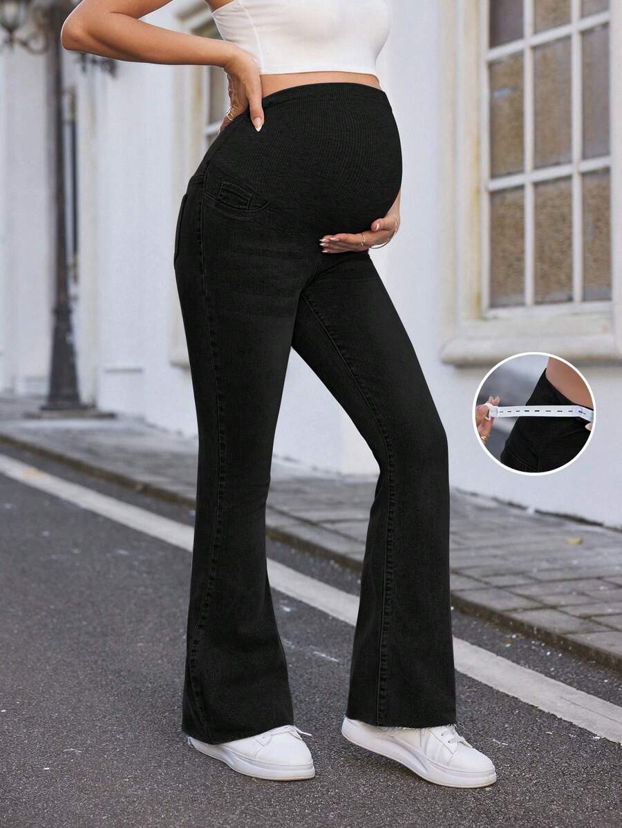 SHEIN Maternity Elastic Waist Denim Skinny Flare Jeans, Blue, Summer Boho Thin Denim Bell-Bottoms - Black - View 1