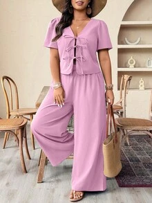EMERY ROSE 大尺碼夏季純色前綁帶露背上衣與長褲兩件套 女款度假休閒套裝 - 粉色 - 查看 4