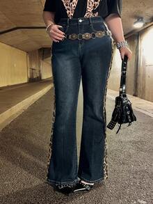 ROMWE J-Fashion 大码女式嬉皮豹纹印花和做旧拼布喇叭裤紧身牛仔裤 - 深灰色 - 查看 6