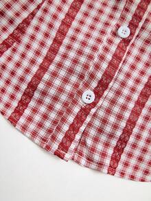 Sweetra Women's Elegant Vintage Red Plaid Puff Sleeve Cinched Waist Short Sleeve Blouse, Spring/Summer - Red - View 5