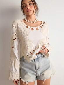 Freevana كنزة صوفية كروشيه مجوفة عتيقة بوهيمية، ملابس علوية كاجوال فضفاضة للربيع، كنزة صوفية محبوكة متعددة الاستخدامات للربيع - لون مشمشي - مشاهدة 2