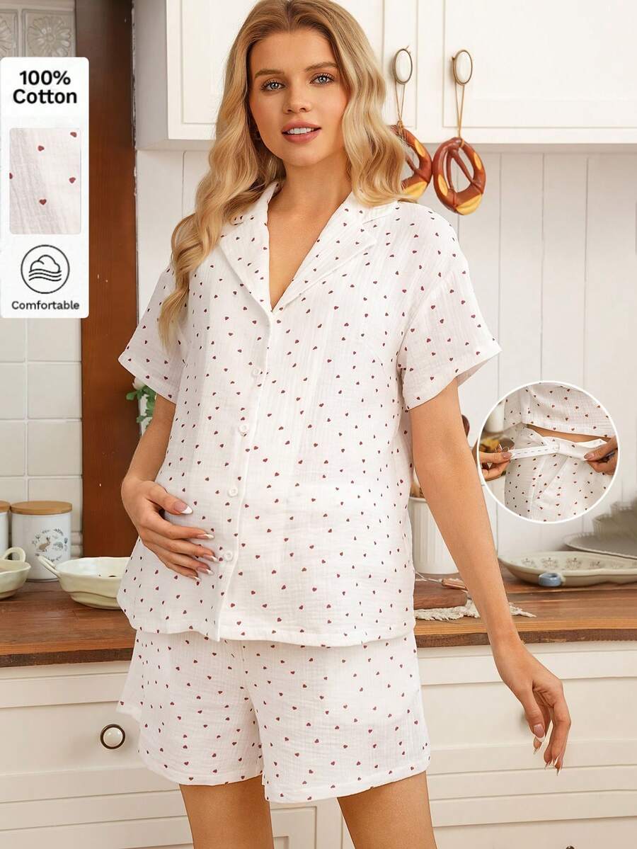 SHEIN 2pcs Maternity Casual Heart Print Shirt & Shorts Set - Multicolor - View 1