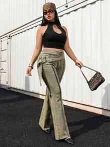 SHEIN EZwear Quần jeans ống loe dáng retro vintage Y2K cỡ lớn dành cho người có thân hình đầy đặn. - Rửa trung bình - Xem 4