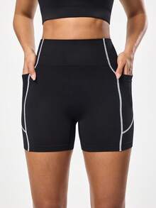 SHEIN Sports Seamless High Waist Tummy Control Workout Shorts Tummy Control Gym Shorts - Black - View 4