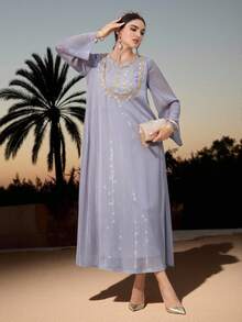 Al Najma 女士几何刺绣圆领宽松优雅阿拉伯连衣裙
