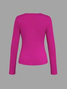Women's Casual V-Neck Long Sleeve Slim Fit T-Shirt, Versatile For Autumn/Winter - Hot Pink - View 2