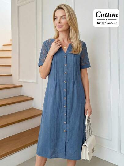 Miaspire Vestido midi casual de mujer con cuello en V, parche de encaje para uso diario