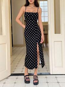 SHEIN EZwear Đầm ôm sát chấm bi đen dài đến đầu gối xẻ tà cho nữ, đầm xẻ tà, đầm chấm bi đen, đầm chấm bi, đầm midi, đầm chấm bi đen trắng, đầm midi, đầm chấm bi đen trắng. - màu đen - Xem 5
