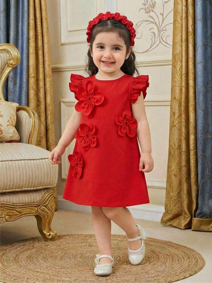 SHEIN 女婴纯色3D立体花卉装饰短袖可爱连衣裙 - 紅色 - 查看 1