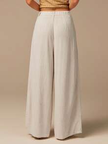COSMINA Women's Pleated Pocket Design Linen Pants, Suitable For Summer Vacation, Beach, Apricot Color, Wide Leg Casual Wear Women's Summer Pants Bohemian Pleated Wide Leg Pants Wide Leg Pants Women High Waist Palazzo Pants Palazzo Pants Women - Apricot - View 6