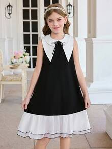 SHEIN Vestido sin mangas con cuello elegante y de moda para niña preadolescente - Blanco y Negro - Ver 5