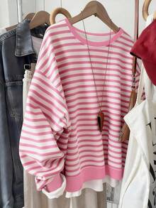 Resyla Korean Style Fashionable Versatile Colorful Striped Pattern Sweatshirt, Suitable For Outerwear, Photography, Camping, Autumn, Winter, Back To School, Women's Regular Crew Neck