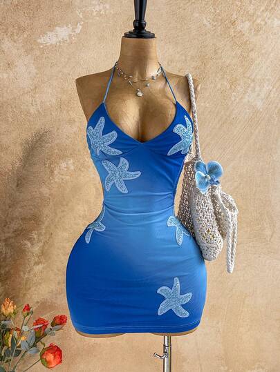 Soleia Women's Vacation Casual Sequin Starfish Decor Backless Halter Mini Dress