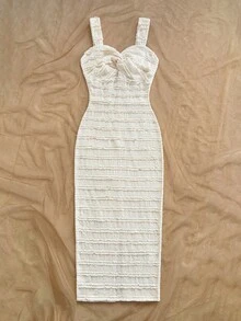 Soleia 女士优雅纯色扭结修身中长连衣裙，夏季 - 杏色 - 查看 4