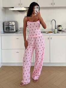 SHEIN 2pcs Contrast Trim Camisole & Bowknot Cherry Print Women Knit Pajama Set - Multicolor - View 4