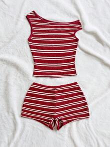 Soleia 大码女士度假两件套：红白条纹针织不对称肩部上衣和超低腰紧身短裤，适合派对、圣诞节、情人节、约会、海滩、邮轮、嘉年华、复活节、中国新年、春夏等场合。 - 紅色 - 查看 7