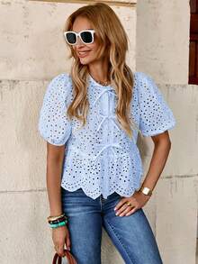 Solivie 女士前系带泡泡袖可爱刺绣度假优雅上衣，情人节服装 - 淺藍色 - 查看 5