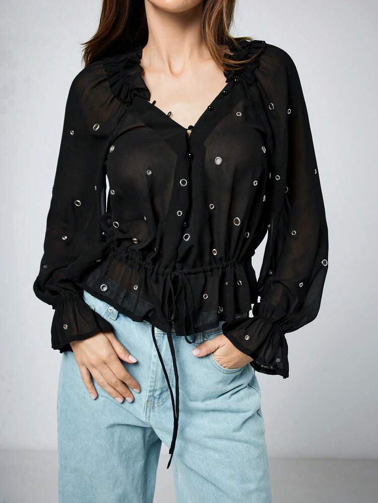 SHEIN Maija 2025 Women's Urban Metallic Design Grommet Detail Blouse, Suitable For Valentine's Day Evening Gala, Summer, Spring Break, Spring, Valentine, Beach, Party Top, Elegant Holiday, Casual