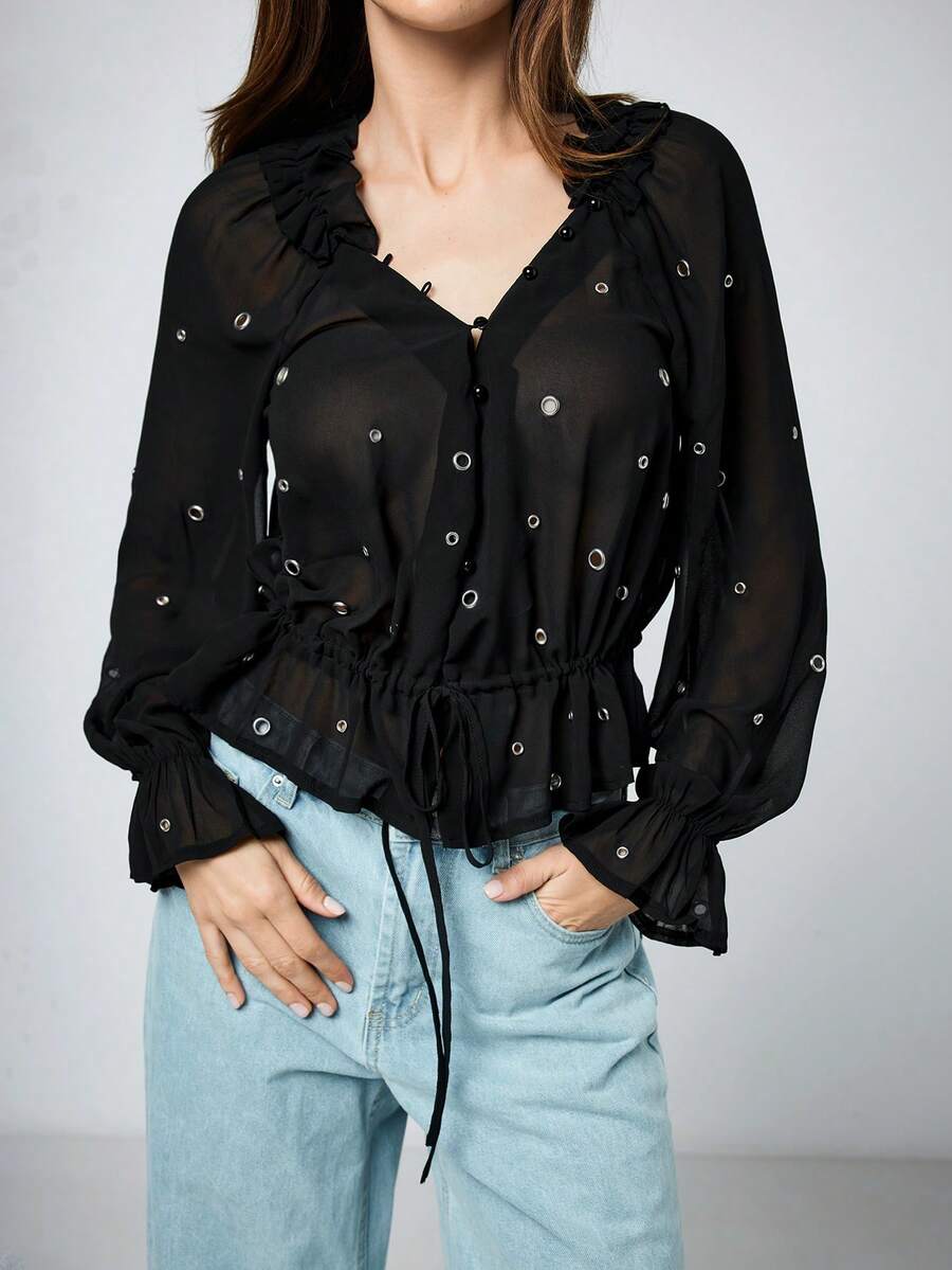 Maija 2025新款女士都市金属质感铆钉细节衬衫，适合情人节晚宴、夏季、春假、海滩、派对、优雅假日、休闲场合穿着。 - 黑色 - 查看 1