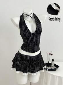Elamini Bộ đồ gồm áo vest không tay cổ chữ V buộc dây phía sau in chấm bi đen và chân váy ngắn cạp thấp xếp ly, kết hợp với quần legging viền ren tương phản, kiểu dáng thanh lịch cổ điển, thoải mái, phù hợp đi làm, đi học, đa năng cho mùa xuân/hè. - màu đen - Xem 1
