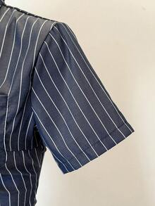 SHEIN Jeanoir 条纹短袖修身休闲衬衫 - 黑色 - 查看 4