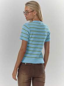 MUSERA Randig Ribstickad Knapp Genomknäppt Kortärmad Topp Mysig Söt Casual Kaffe Klubb Vinter Elegant Kvällsfest - Blå - Visa 2