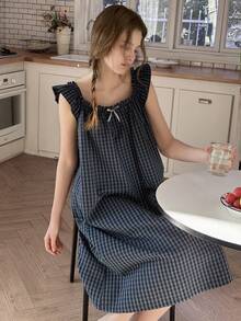 DAZY Teen Girls' Comfortable Plaid Print Bow Decor Nightgown For Everyday Wear Spring - Navy Blue - View 2