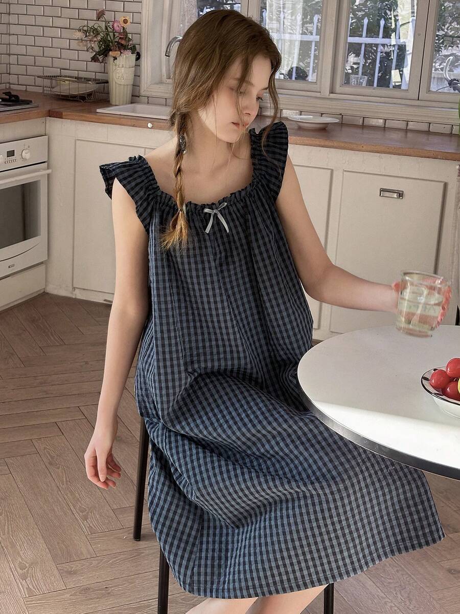 DAZY 少女舒适格子印花蝴蝶结装饰睡裙，适合日常穿着，春季款 - 藏蓝色 - 查看 1