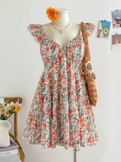 Soleia Plus Size Women's Spring Floral Print Backless Tie Strap A-Line Mini Dress,Summer Outfits,Spring Outfit Women, Festival Outfits For Women,Beach Outfits For Women ,Beach Vacation Outfits For Women,