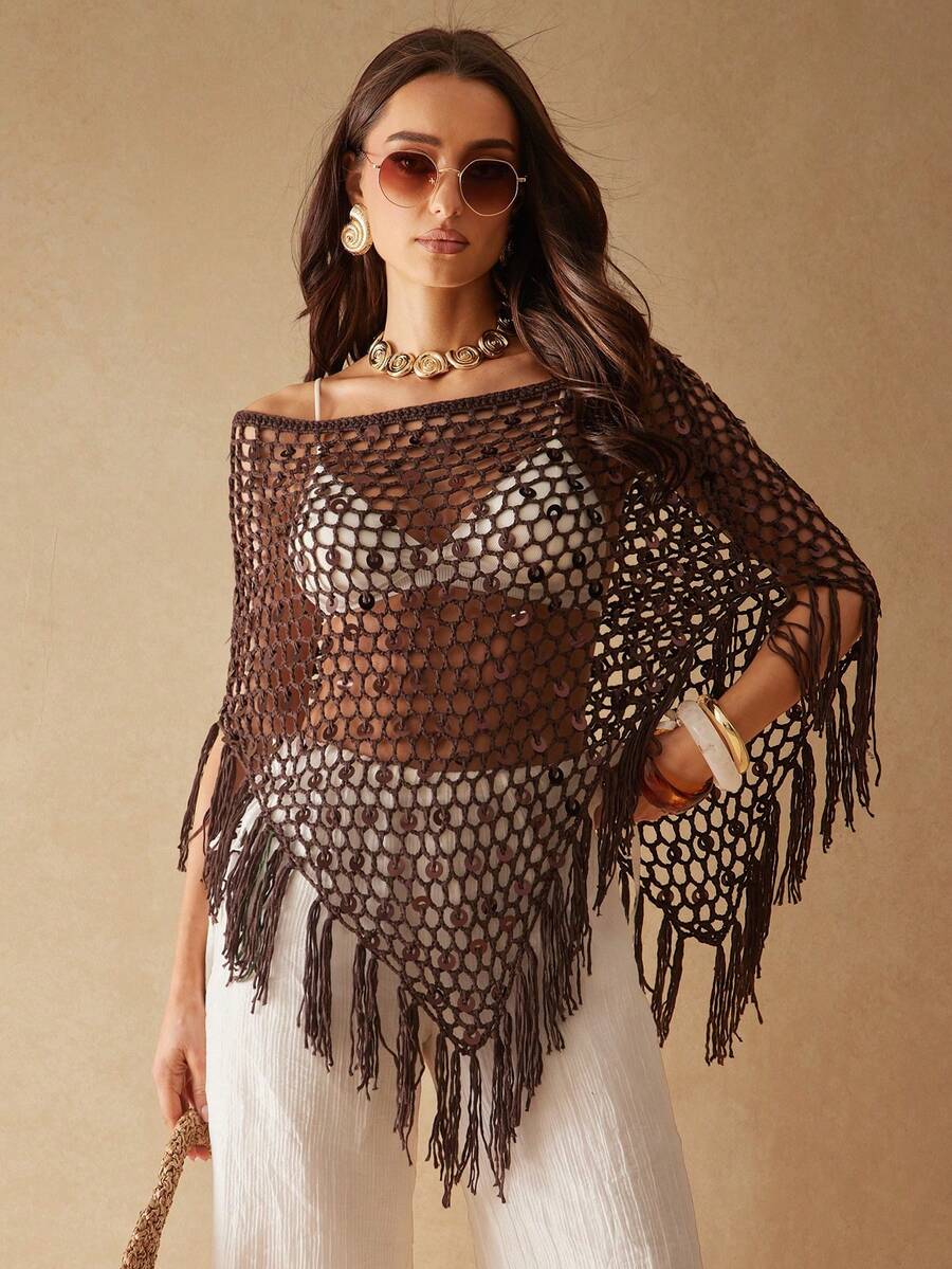 Silquee Women's Brown Summer Boho Beach Holiday Semi-Sheer Knit Sequined Openwork Crochet Cape Top With Fringed Hem,Perfect For Vacation&Pool Party,Holiday - Coffee Brown - View 1