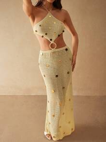 Silquee 不对称设计，小众风格，露背亮片，海滩度假风，长款镂空，显瘦，收腰，性感时尚连衣裙，适合节日、度假等场合。 - 黃色 - 查看 4