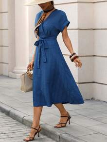 Editum Women's Regular Apricot V-Neck Tie-Up Linen Dress  Spring/Summer Beach Spring Summer Outfits Hides Belly - Blue - View 5