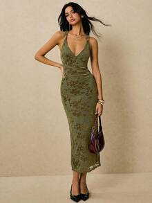 Poéselle Women's Floral Print Backless Criss-Cross Design Sexy Spaghetti Strap Fitted Dress - Army Green - View 8