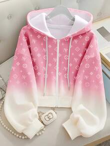 Resyla Women's Letter Print Drop Shoulder Long Sleeve Zip Front Casual Drawstring Sweatshirt