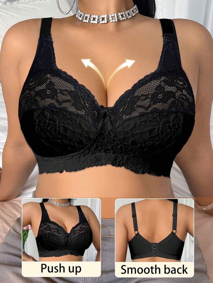DesireSculpt Plus Size Elegant Solid Color Lace Wireless Bra - Black - View 1