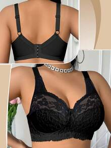 DesireSculpt Plus Size Elegant Solid Color Lace Wireless Bra - Black - View 4