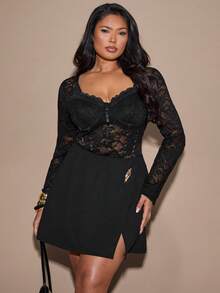 SHEIN BAE 大码女式黑色金属开衩半身裙，适合办公室穿着 - 黑色 - 查看 4