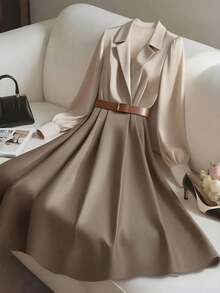 GlowEve 女士拼色拼接设计收腰A字优雅日常通勤时尚法式街头复古百搭假日商务衬衫裙长袖，秋冬