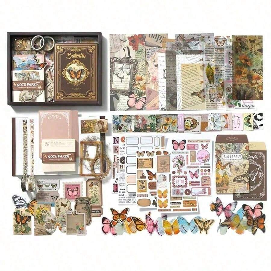 140 piezas Kit de suministros para scrapbooking, kit de scrapbooking estético vintage para diario de balas, papelería, cuaderno de cuadrícula A6, suministros de artesanía para diarios, regalo de artesanía de cumpleaños para amigos - marrón - Ver 1