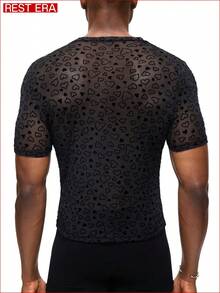 Men's Fashionable Sexy Heart Print Sheer Short Sleeve Base Layer Top, Summer - Multicolor - View 2