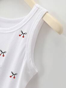 Resyla Camiseta de tirantes para mujer con cuello redondo y patrón bordado de lazo - Blanco - Ver 5