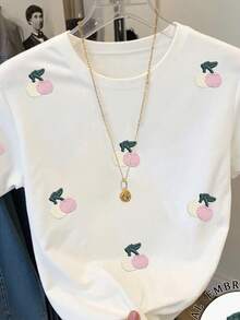 Resyla Plus Size Summer Casual Cherry Embroidery Short Sleeve T-Shirt - White - View 3